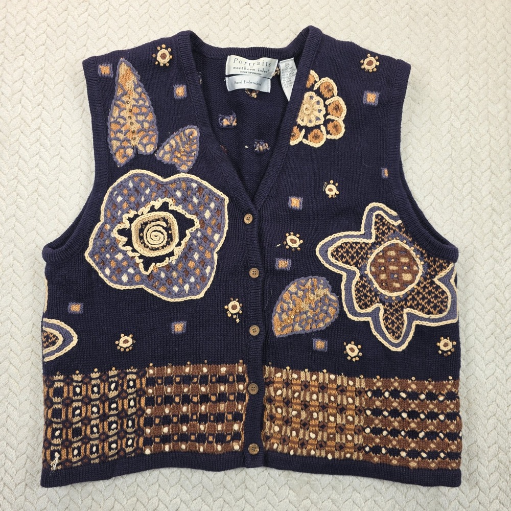 VTG Portraits Northern Isles Hand Embroidered Floral Sweater Vest Navy  Medium